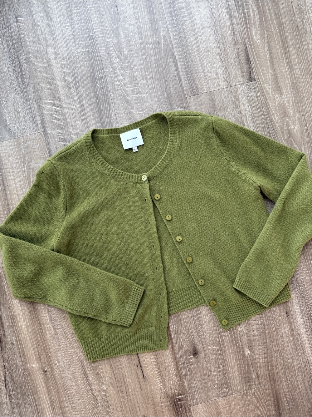Reformation Clara Cashmere Crew Cardigan in Pear